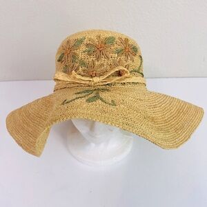 Callanan Straw Embroidered Flower Wide Brim Sun Hat OS
